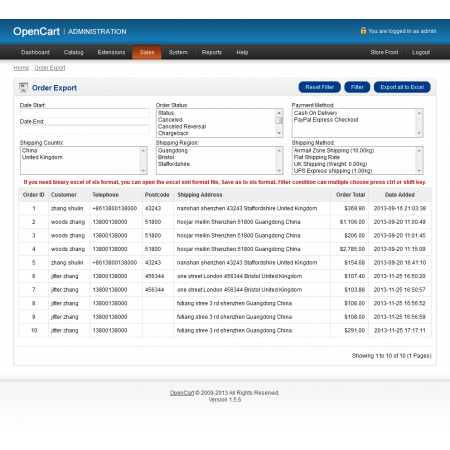 Order Export - Export Orders ALL Info To Excel (VQMOD) For OpenCart