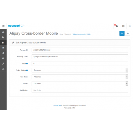 Alipay Cross-border Mobile For OpenCart V2