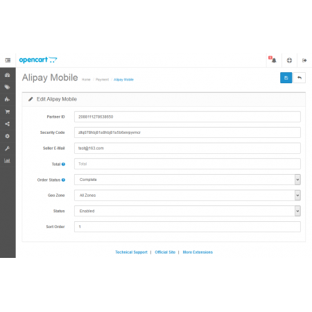 Alipay Mobile For OpenCart V2